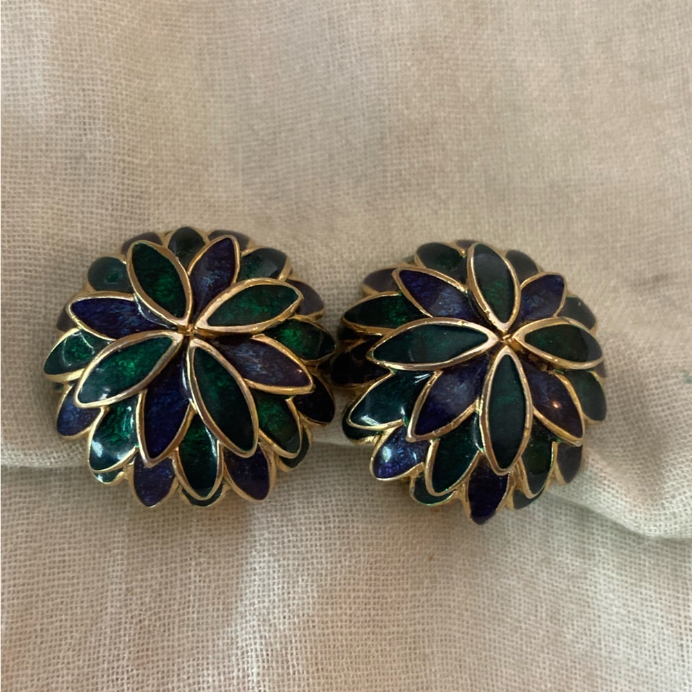 Erwin Pearl Blue & Green Enameled Vintage Clip on‎ Earrings